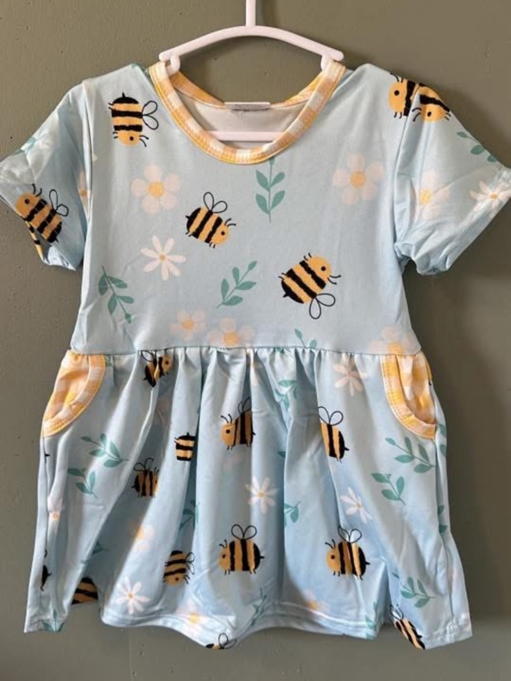 Kids Bee Print Light Blue Dress with Yellow Trim